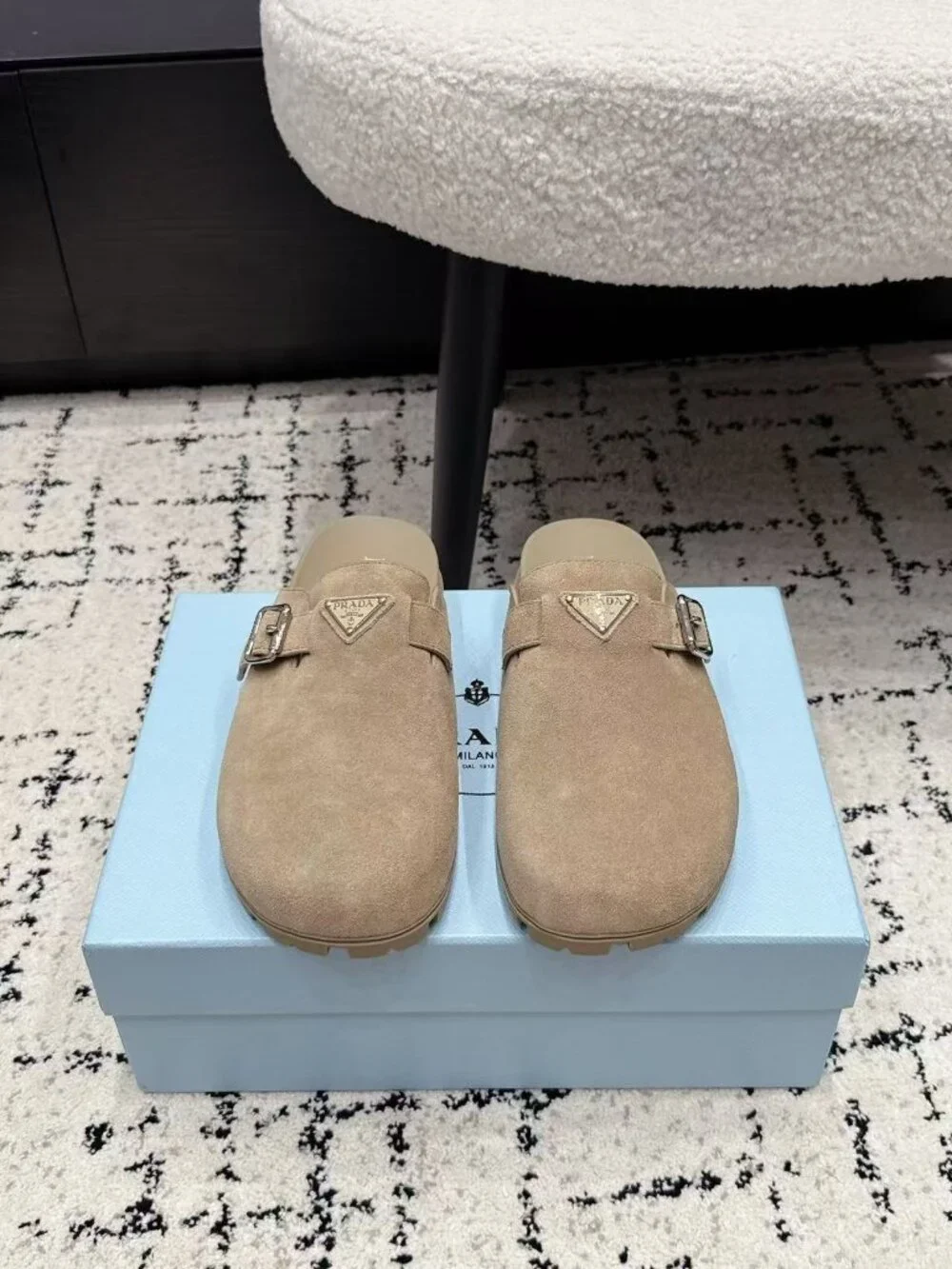 Prada Beige Suede Triangle Logo Buckle Slip-On Mule Clogs